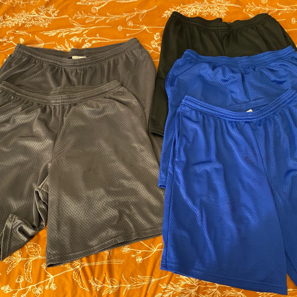 5 Pairs Hanes Athletic Shorts. 4 sized L, one grey is XL.